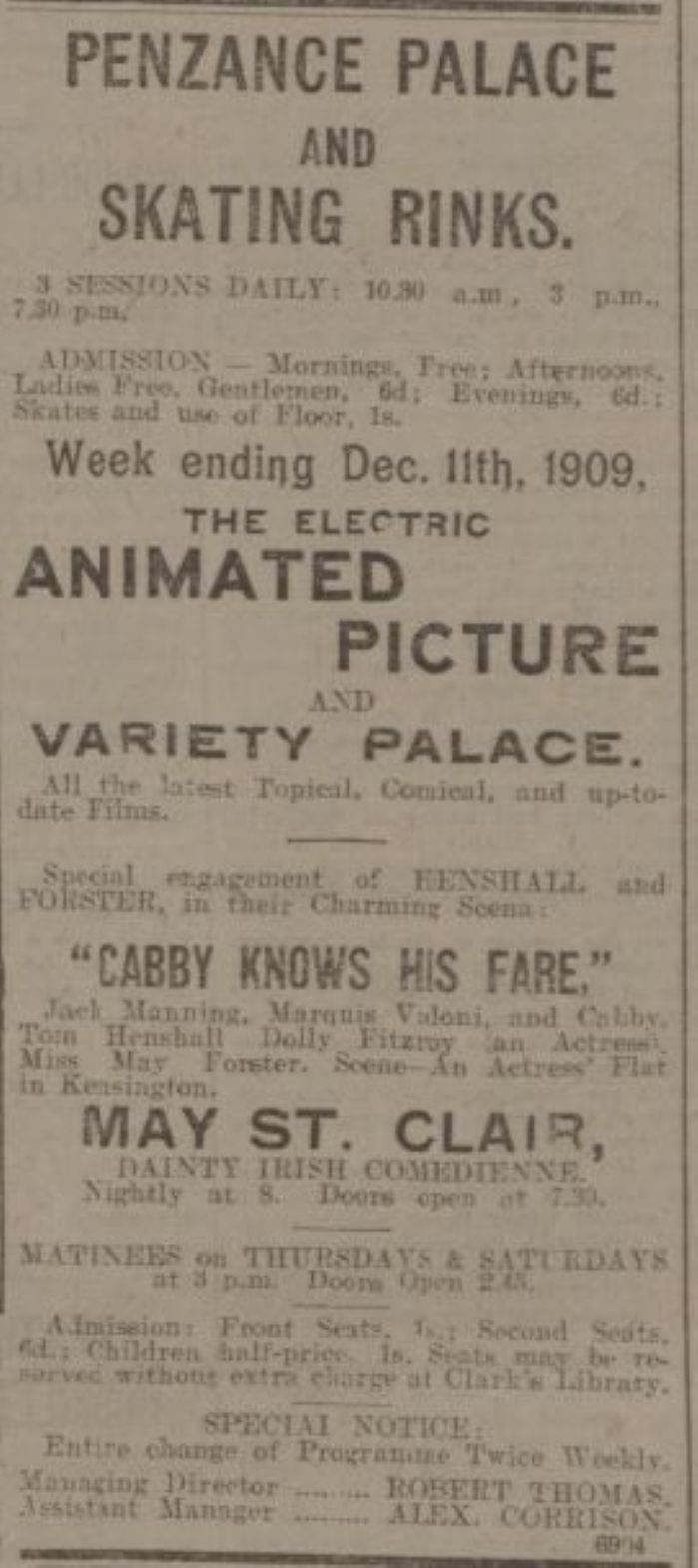 Front page advertisement for the new rink from the Cornishman of 9th December 1909 (courtesy of the Cornish Studies Library)